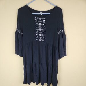 Mudd Black Tiered Embroidered Bell Sleeve Tunic Dress Size L boho prairie‎